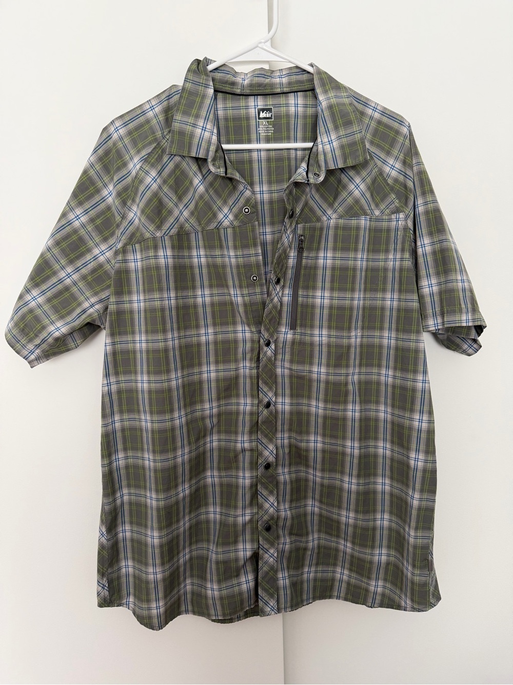 REI Men's Plaid Snap Front Shirt Outdoors Hiking Short Sleeve Olive Green XL
